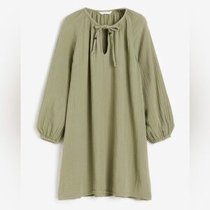 H&M Tunic Dress, Khaki Green, 100% Cotton Long Sleeve Shirt Dress, Size XS
